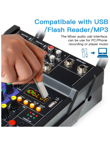 Mezclador de Audio 4 Canales Flyfrow con 2 Micrófonos Inalámbricos