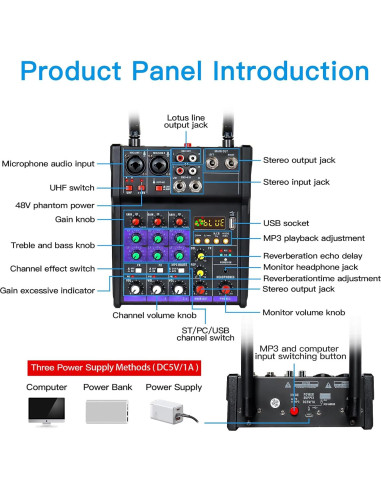 Mezclador de Audio 4 Canales Flyfrow con 2 Micrófonos Inalámbricos
