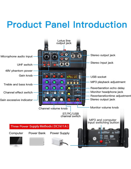 Mezclador de Audio 4 Canales Flyfrow con 2 Micrófonos Inalámbricos