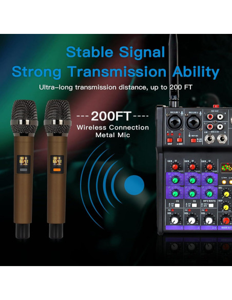 Mezclador de Audio 4 Canales Flyfrow con 2 Micrófonos Inalámbricos