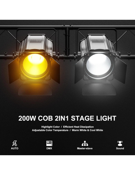 Luces de Escenario LED 200W DMX Blanco Frío y Cálido