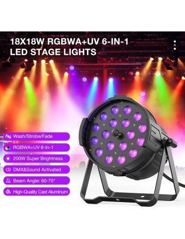 Luz Par LED 18X18W RGBWA+UV DMX Profesional para Eventos