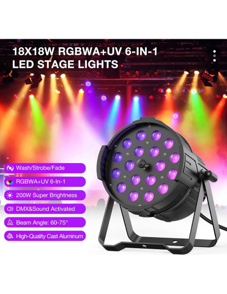 Luz Par LED 18X18W RGBWA+UV DMX Profesional para Eventos