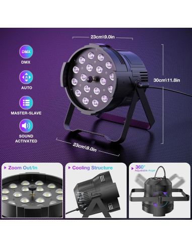 Luz Par LED 18X18W RGBWA+UV DMX Profesional para Eventos