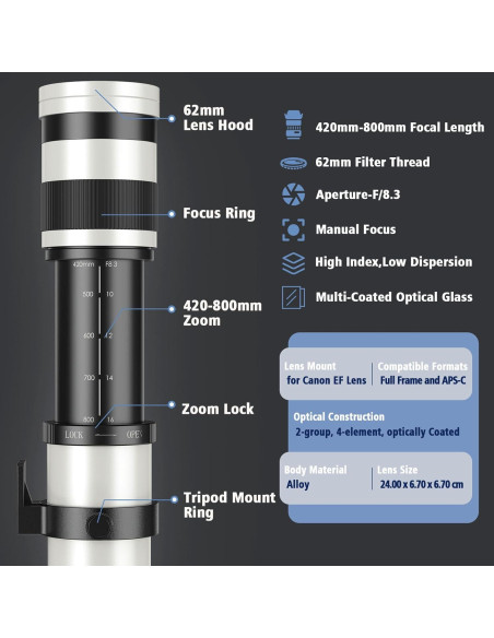 Lente Telefoto Zoom Lightdow 420-800mm F8.3 para Canon