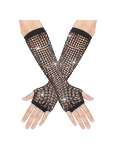 Guantes de Red Largos con Rhinestones para Mujeres - 23 cm