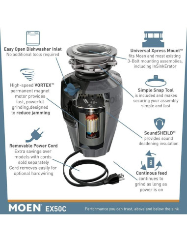 Moen EX50C Triturador de Basura 0.5 HP Negro Premium