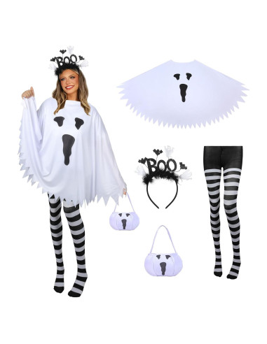 Disfraz de Fantasma Halloween 4 Piezas Mujer - Poncho, Diadema
