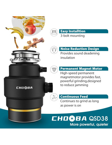 Triturador de Basura Chooba 3/4HP Acero Inoxidable Negro