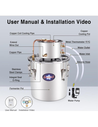 Alambique de Alcohol Seeutek 12L Acero Inoxidable Kit DIY