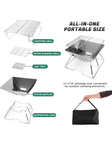 Parrilla Plegable Odoland 31x31 cm Acero Inoxidable Camping