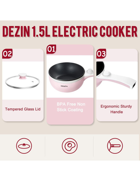 Olla Eléctrica Dezin 1.5L Antiadherente Rosa para Fideos Olla Eléctrica Dezin 1.5L Antiadherente Rosa para Fideos