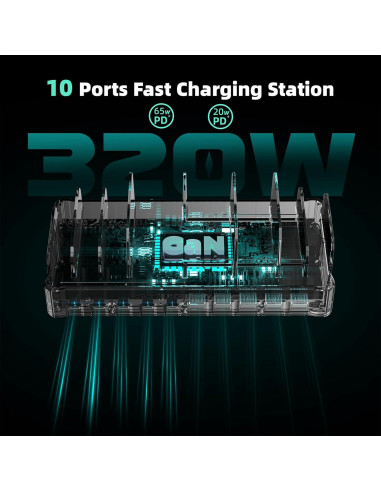 Estación de Carga 320W Zobirez 10 Puertos USB-C Negro