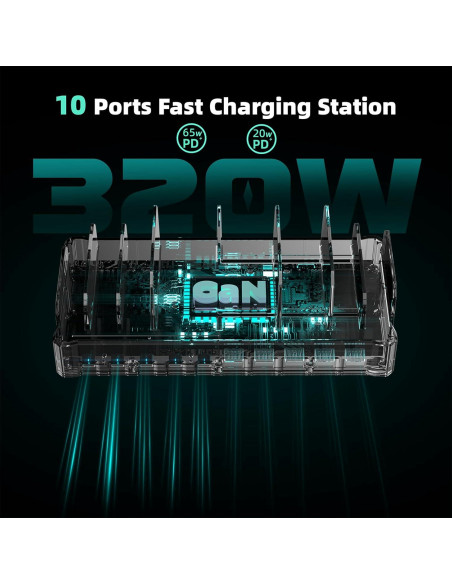 Estación de Carga 320W Zobirez 10 Puertos USB-C Negro