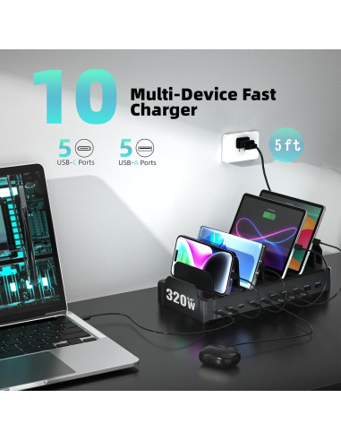 Estación de Carga 320W Zobirez 10 Puertos USB-C Negro