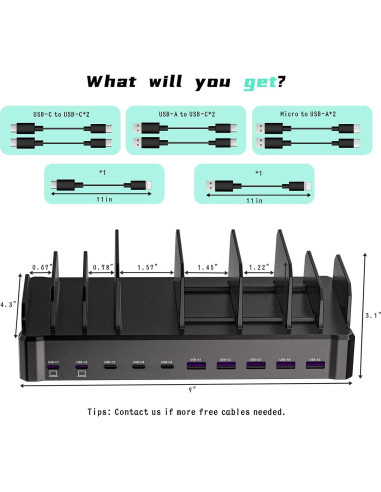 Estación de Carga 320W Zobirez 10 Puertos USB-C Negro