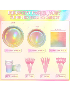 Set de Vajilla Desechable Pastel Iridiscente FunnyPars - 25 Personas 2