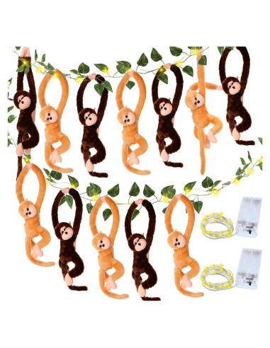 12 Monos de Peluche Colgantes 50 cm con Luces LED y Hiedra