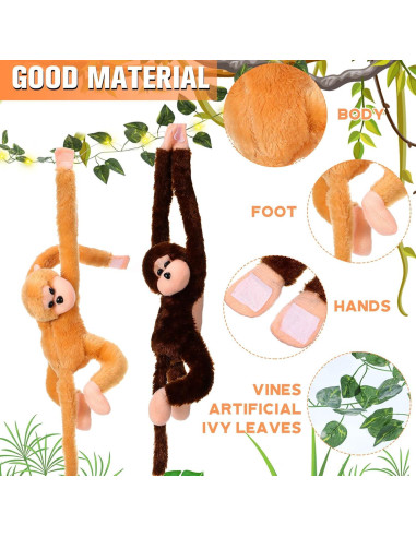 12 Monos de Peluche Colgantes 50 cm con Luces LED y Hiedra