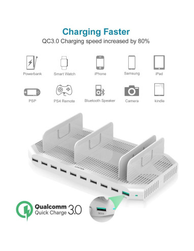 Estación de Carga Unitek 10 Puertos QC 3.0 Organizador Blanco