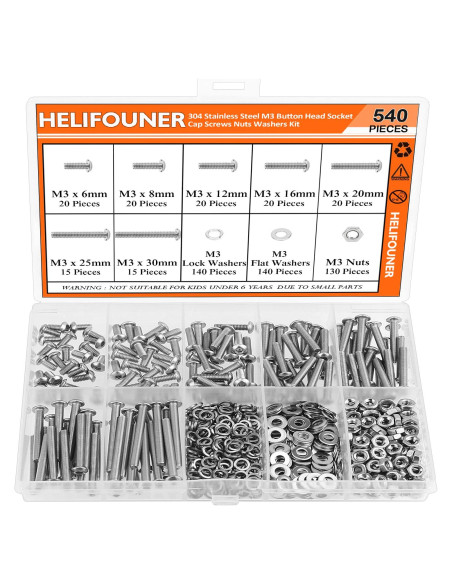 Kit 540 Piezas Tornillos M3 Acero Inoxidable 304 Cabeza Botón Kit 540 Piezas Tornillos M3 Acero Inoxidable 304 Cabeza Botón
