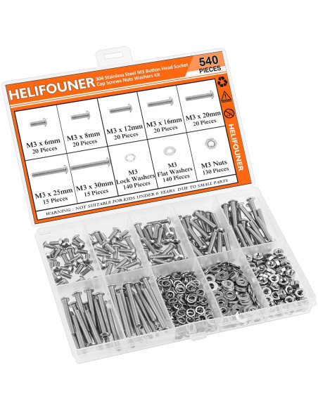 Kit 540 Piezas Tornillos M3 Acero Inoxidable 304 Cabeza Botón Kit 540 Piezas Tornillos M3 Acero Inoxidable 304 Cabeza Botón