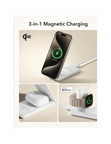 Cargador 3 en 1 ESR Qi2 para iPhone, Apple Watch y AirPods