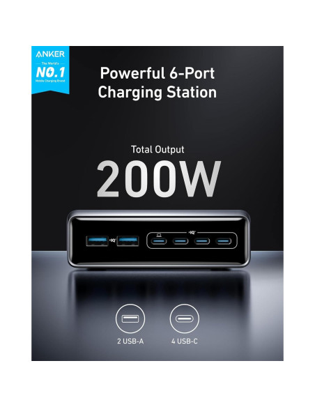 Cargador Anker Prime 200W 6 Puertos USB-C Carga Rápida
