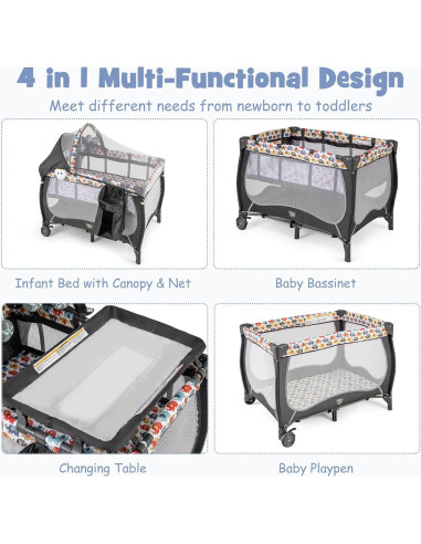 Cuna portátil 4 en 1 BABY JOY Elefante Colorido con dosel