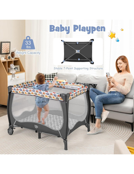 Cuna portátil 4 en 1 BABY JOY Elefante Colorido con dosel