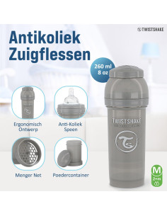 Botella Anticólica Twistshake 260ml con Contenedor 100ml - Gris Pastel 2