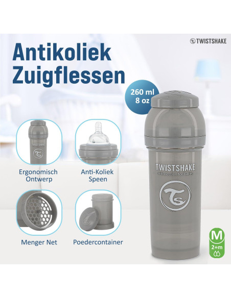 Botella Anticólica Twistshake 260ml con Contenedor 100ml - Gris Pastel