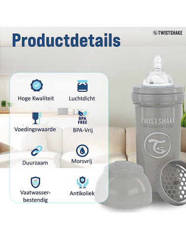 Botella Anticólica Twistshake 260ml con Contenedor 100ml - Gris Pastel