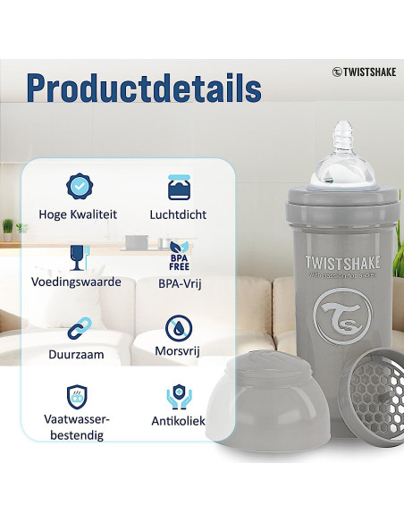 Botella Anticólica Twistshake 260ml con Contenedor 100ml - Gris Pastel