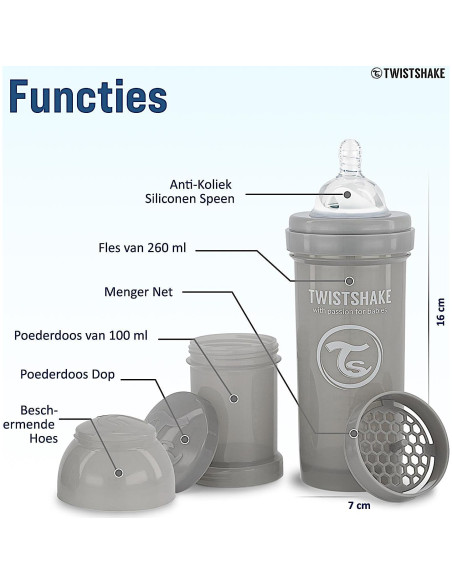 Botella Anticólica Twistshake 260ml con Contenedor 100ml - Gris Pastel
