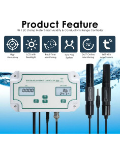 Probador de Calidad de Agua WiFi JuviPerpric 3-en-1 pH/EC/Temp 2