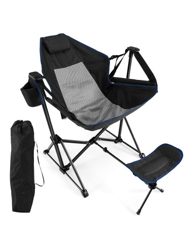 Silla de Camping Mecedora Giantex Negra Plegable con Reposapiés