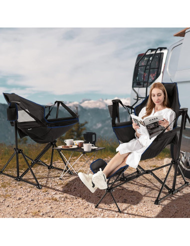 Silla de Camping Mecedora Giantex Negra Plegable con Reposapiés