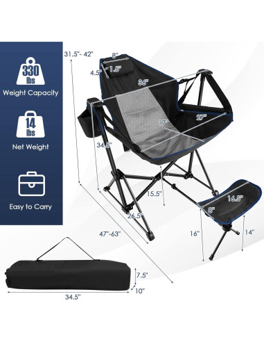 Silla de Camping Mecedora Giantex Negra Plegable con Reposapiés