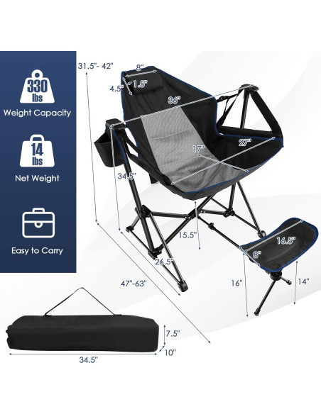 Silla de Camping Mecedora Giantex Negra Plegable con Reposapiés