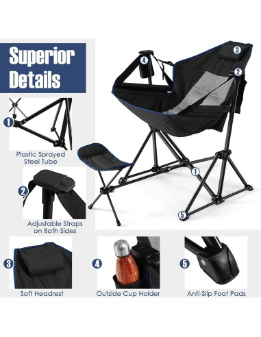 Silla de Camping Mecedora Giantex Negra Plegable con Reposapiés