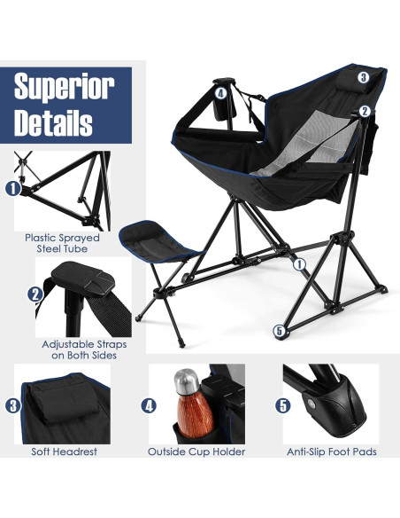 Silla de Camping Mecedora Giantex Negra Plegable con Reposapiés