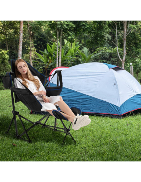 Silla de Camping Mecedora Giantex Negra Plegable con Reposapiés