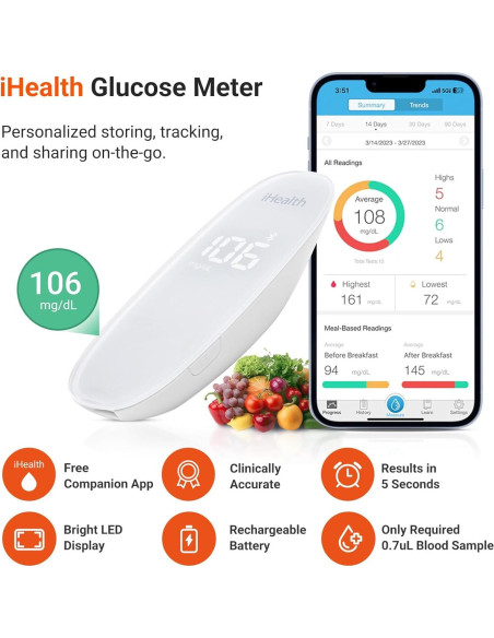 iHealth Gluco+ Monitor de Glucosa BG5S100 Inalámbrico con 100 Tiras