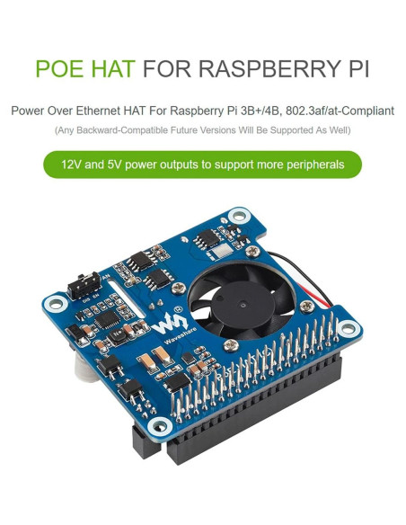 HAT PoE Waveshare para Raspberry Pi 3B+/4B, 5V y 12V