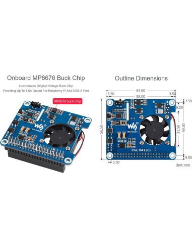 HAT PoE Waveshare para Raspberry Pi 3B+/4B, 5V y 12V