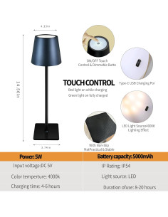 Lámpara de Mesa Inalámbrica LAYSHINEEN 5000mAh Táctil 3 Modos 2