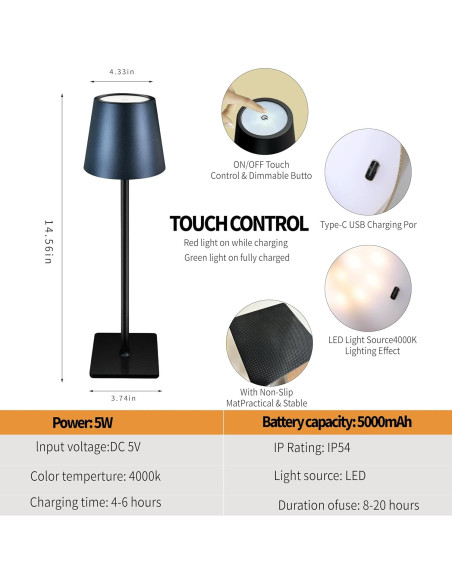 Lámpara de Mesa Inalámbrica LAYSHINEEN 5000mAh Táctil 3 Modos