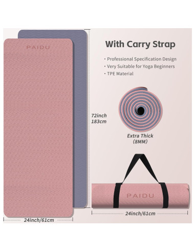 Alfombrilla de Yoga PAIDU 183x61cm 8mm Antideslizante TPE