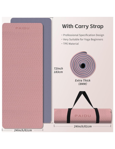 Alfombrilla de Yoga PAIDU 183x61cm 8mm Antideslizante TPE